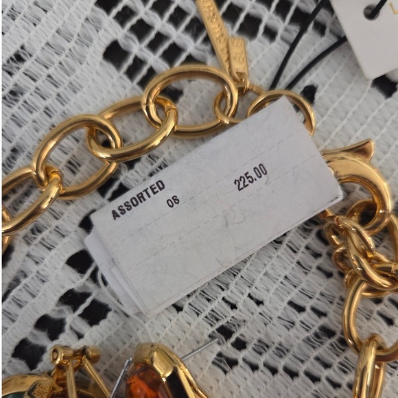 Lele Sadoughi Multi Gemstone Charm Necklace & Drop Earrings Set Gold Tone NEW - Picture 9 of 10